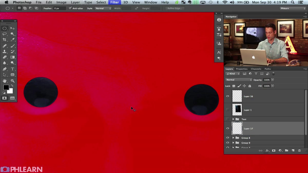 Quick Mask mode active, red overlay visible over selection area