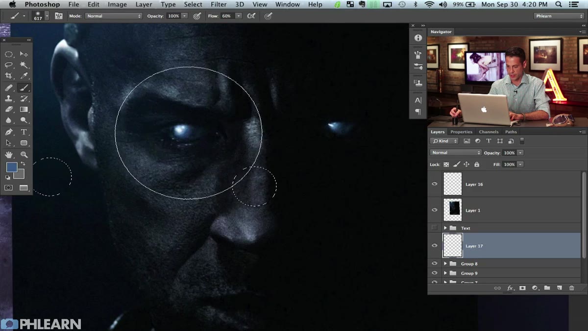 Soft round brush painting color into eye selection on new layer