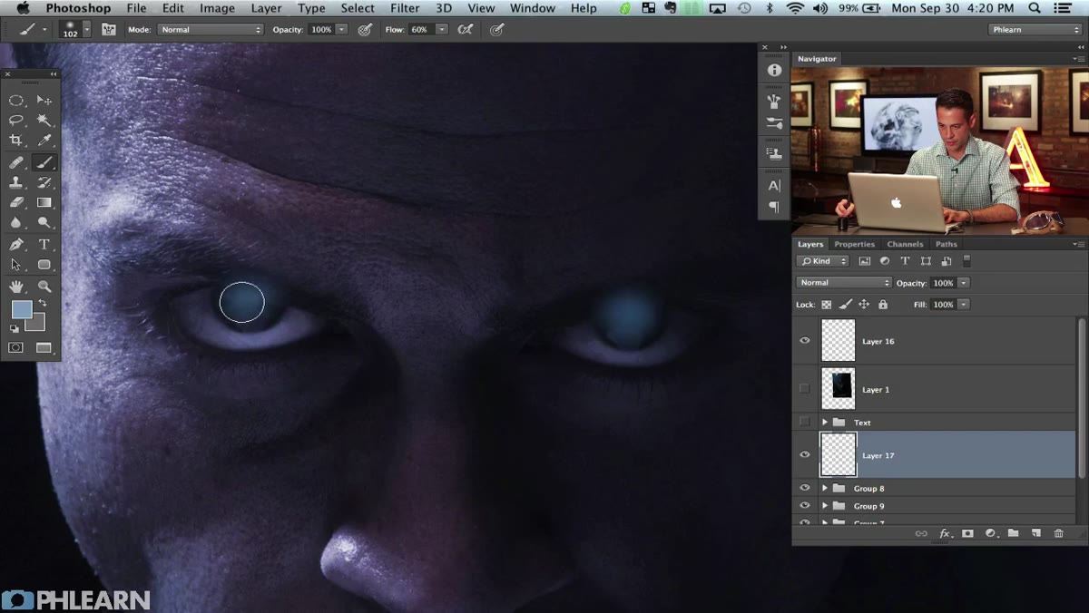 Multiple color tones layered within the eye selection, zoomed in