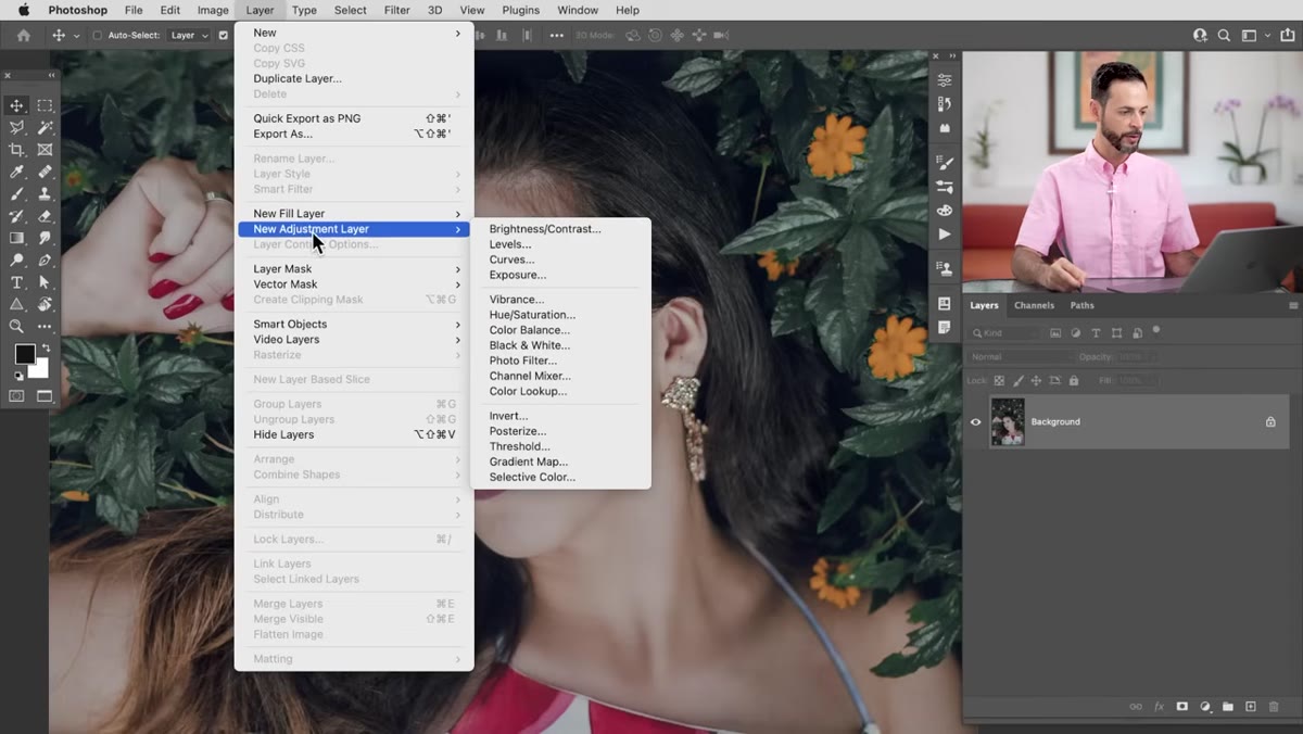 Hue/Saturation adjustment layer being added from Layer menu