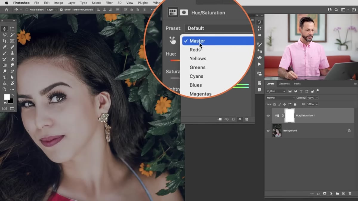 Hue/Saturation panel with color channel dropdown open showing Greens selected