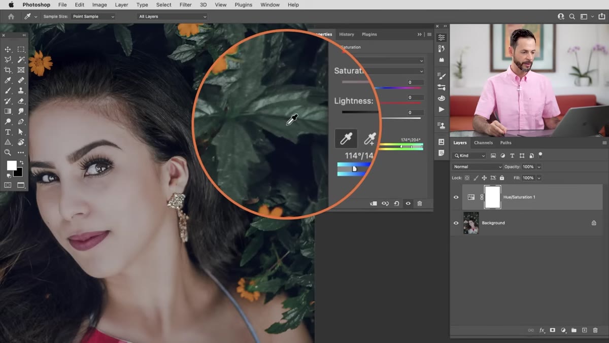 Eyedropper tool being used to click on green foliage in the image