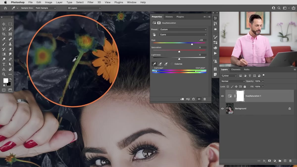 Color range sliders being adjusted wider at the bottom of Hue/Saturation panel