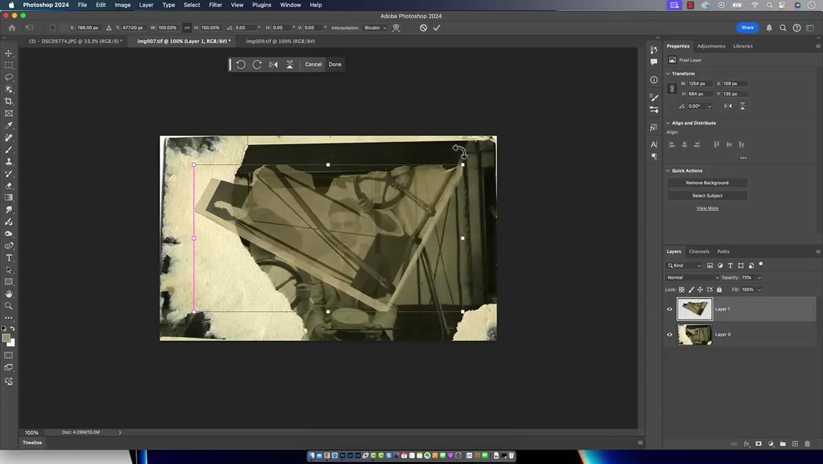 Free Transform handles visible while aligning torn photo layers
