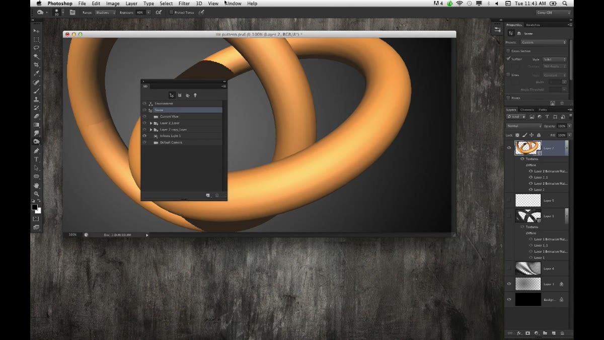 3D panel and Properties panel open side by side in Photoshop
