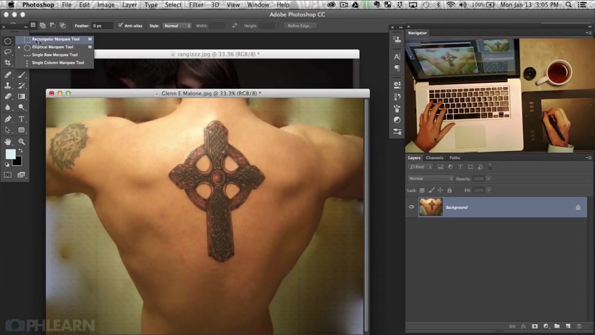 Marquee tool selecting tattoo region before dragging to new document