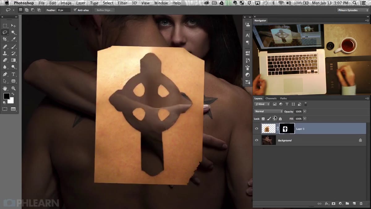 Layers panel showing tattoo layer with Multiply blend mode selected