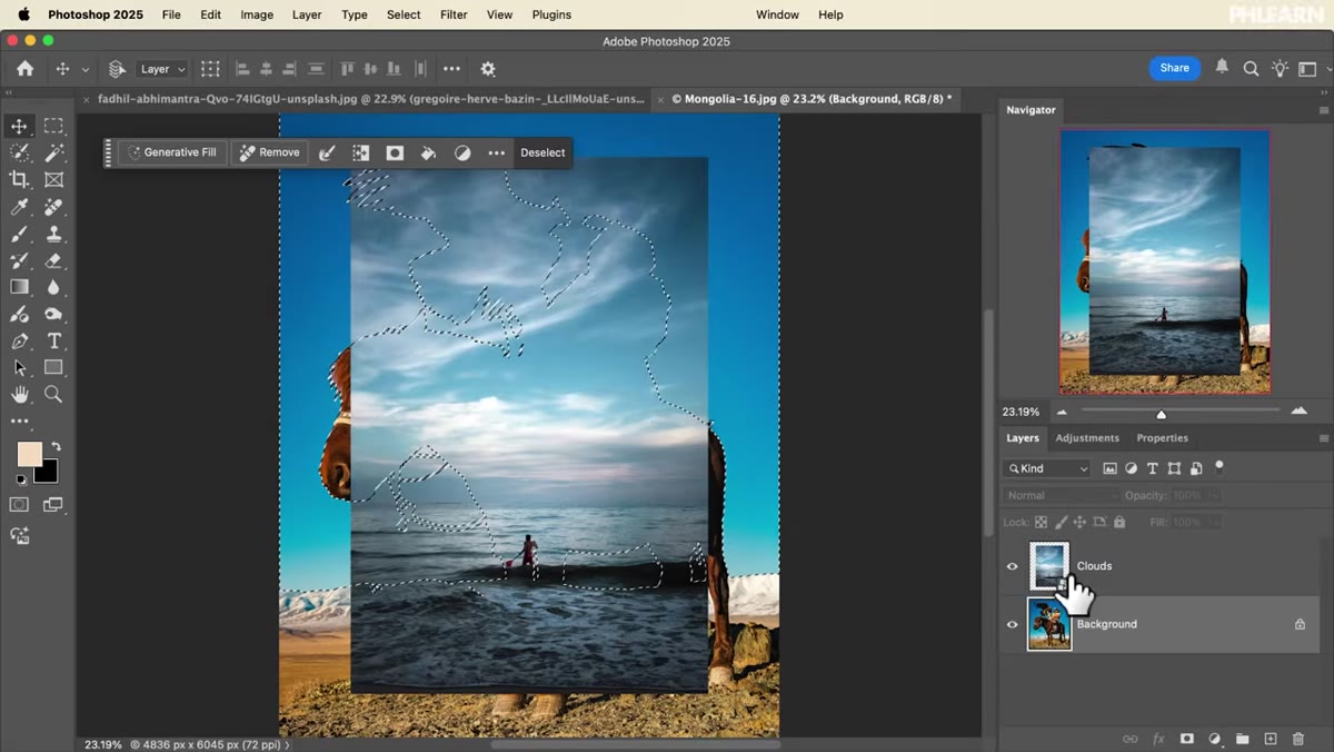 Sky replacement with clouds behind subject described