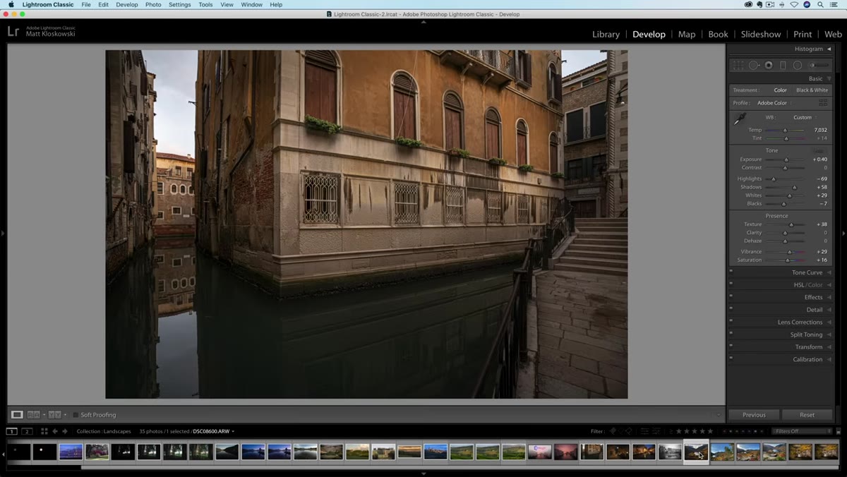 Selective adjustment brushes applied to a landscape photo in Lightroom