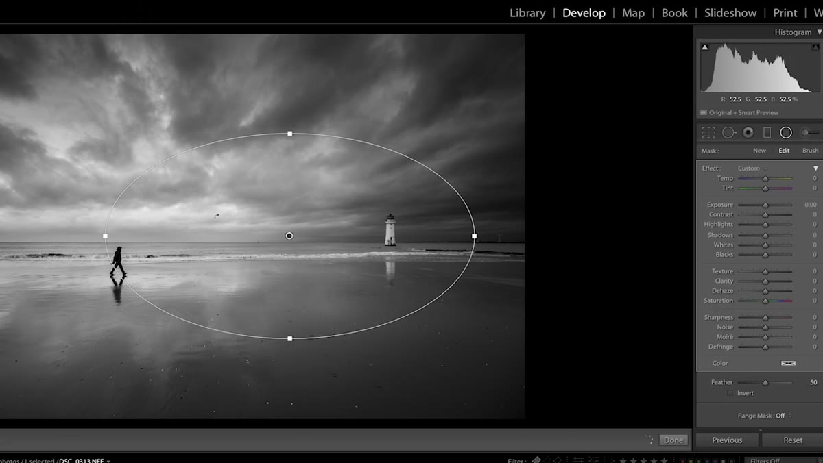Inverted radial filter brightening center of image selectively