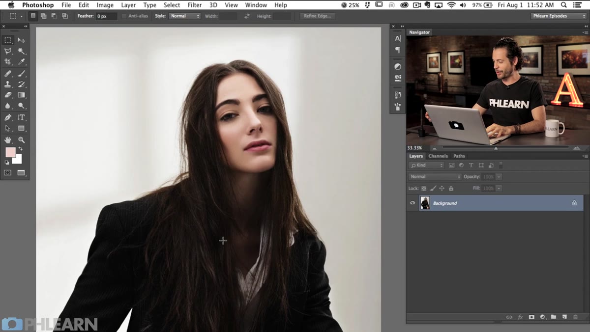 Fashion portrait open in Photoshop, Layers panel visible