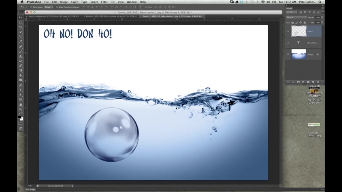 Bubble brushes applied to a water scene on canvas