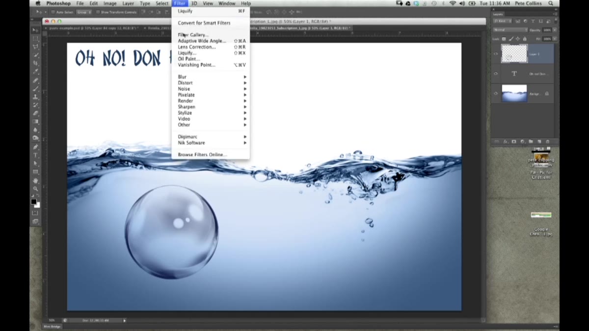 Filter menu open with Liquefy option highlighted