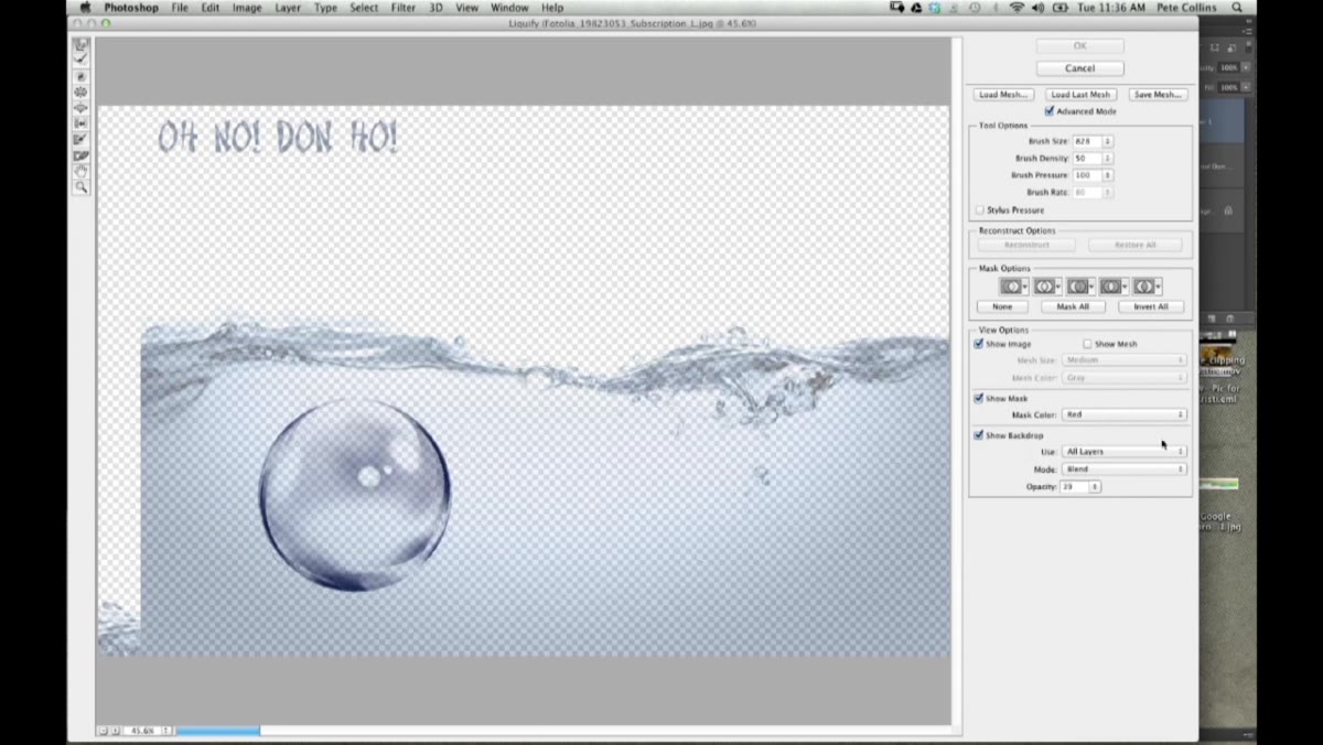 Liquefy canvas showing warped bubbles over the backdrop image