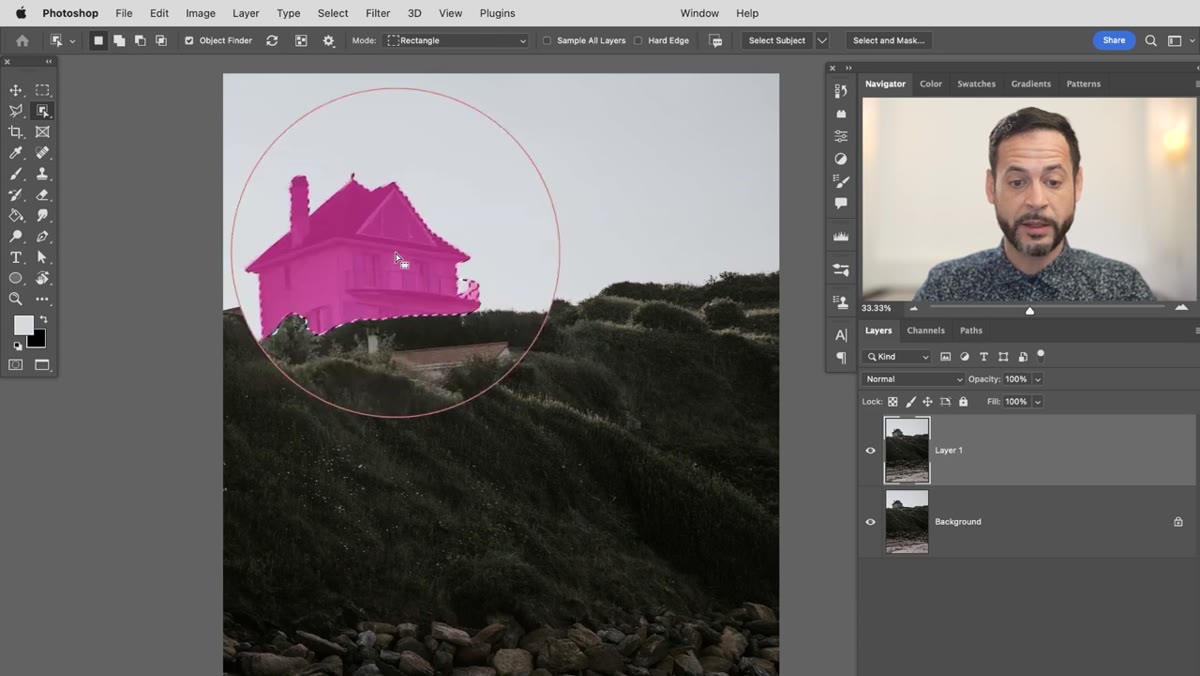 Hovering over house, magenta selection highlight active before clicking