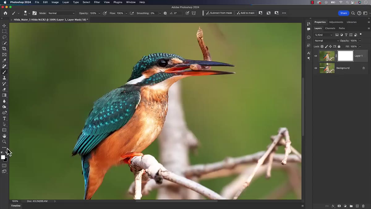 Black brush painting on layer mask to reveal original layer beneath