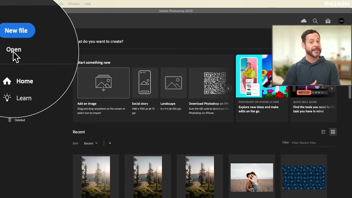 Photoshop splash screen with Open button highlighted top left
