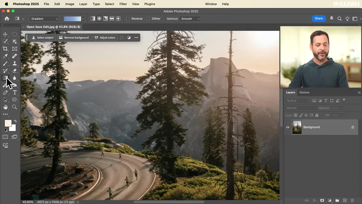 Gradient tool selected in toolbar, gradient editor open at top of screen
