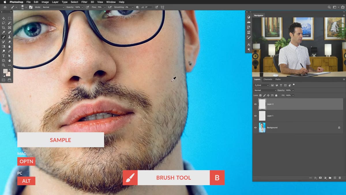 Soft brush painting over beard area with sampled skin tones