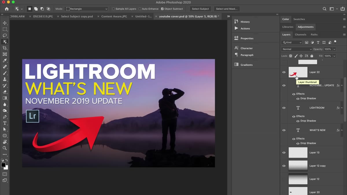 Layer panel with multiple layers visible, cursor hovering