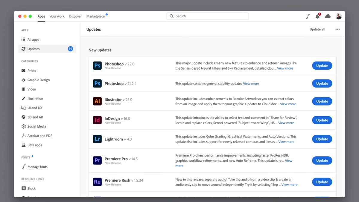 Creative Cloud updater showing version 21 vs version 22