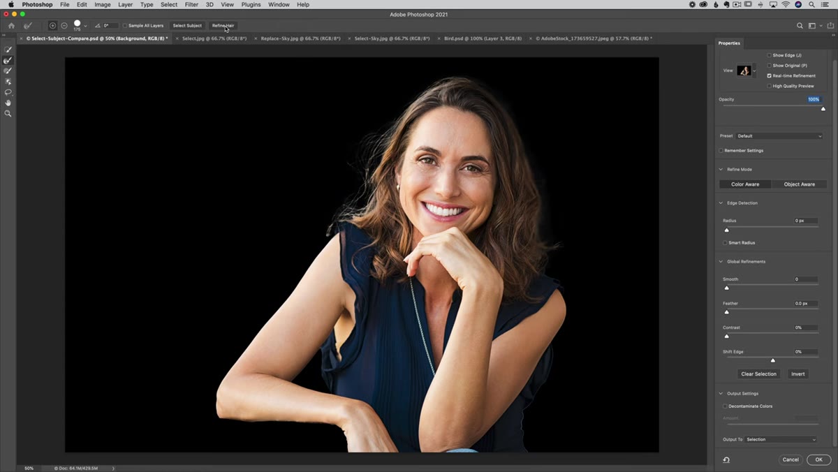 Refine Hair button at the top of Select and Mask panel