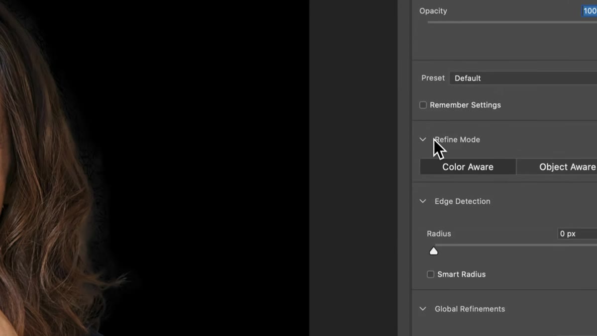 Refine Mode panel showing Color Aware and Object Aware options