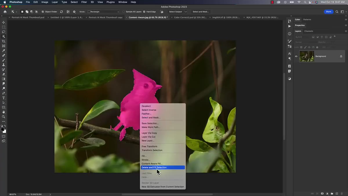 Right-click context menu showing Delete and Fill Selection option