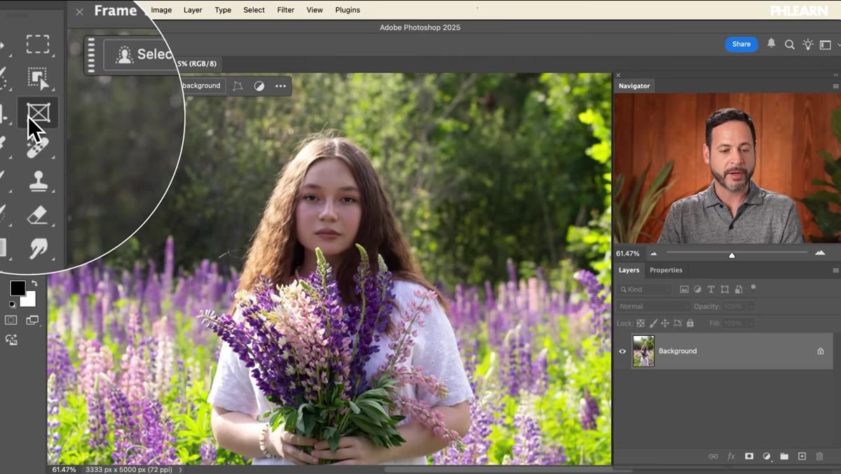 Frame tool selected in Photoshop toolbar panel