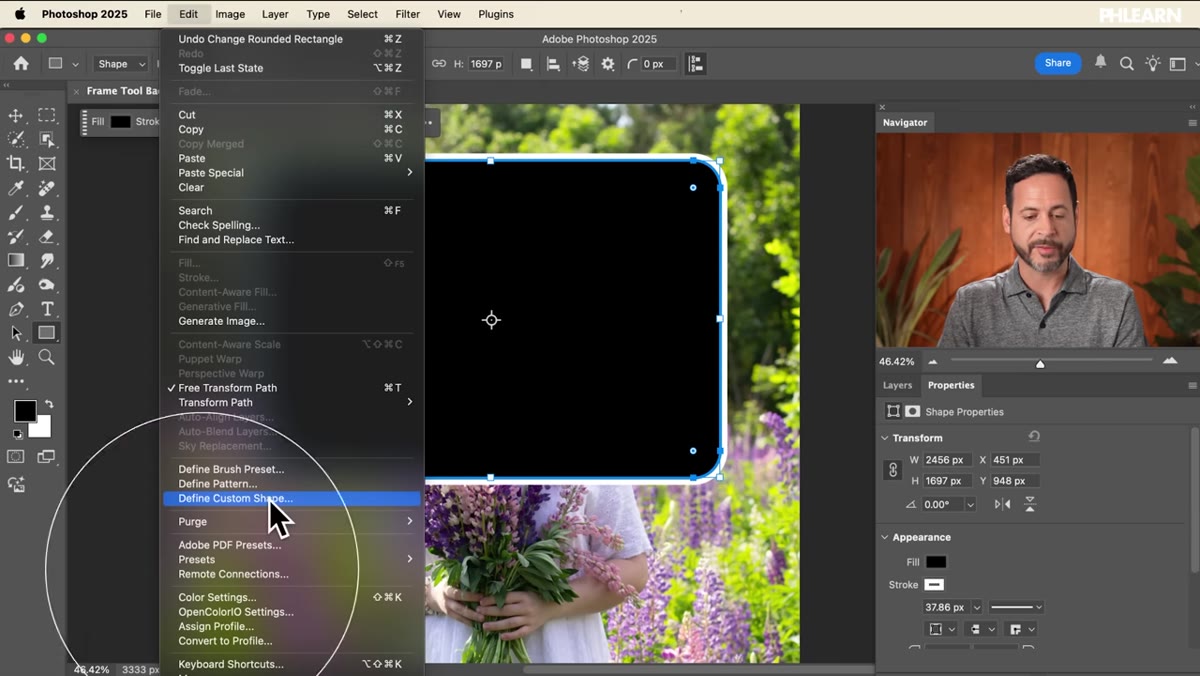 Edit menu open with Define Custom Shape option highlighted