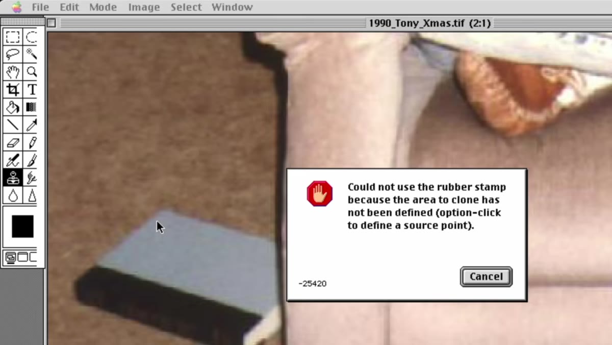 Clone stamp tool active in Photoshop 1.0 interface