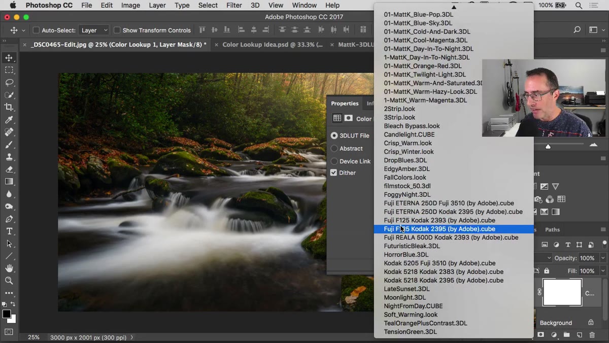 Dropdown showing built-in LUT presets like Two Strip, Edgy Amber