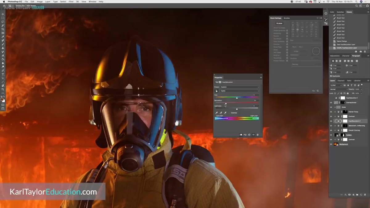 Adjustment layers panel open for brightness and color correction