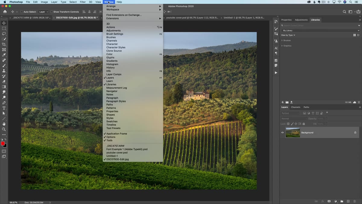 Libraries panel location in the Window menu
