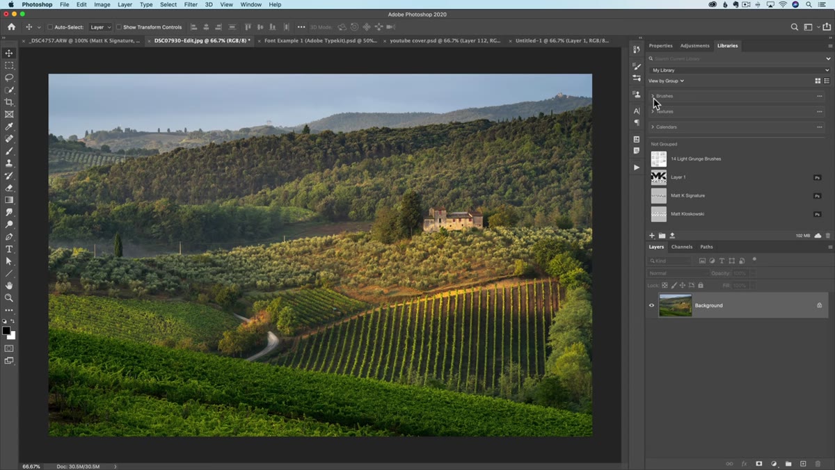 Library panel showing groups for brushes and textures