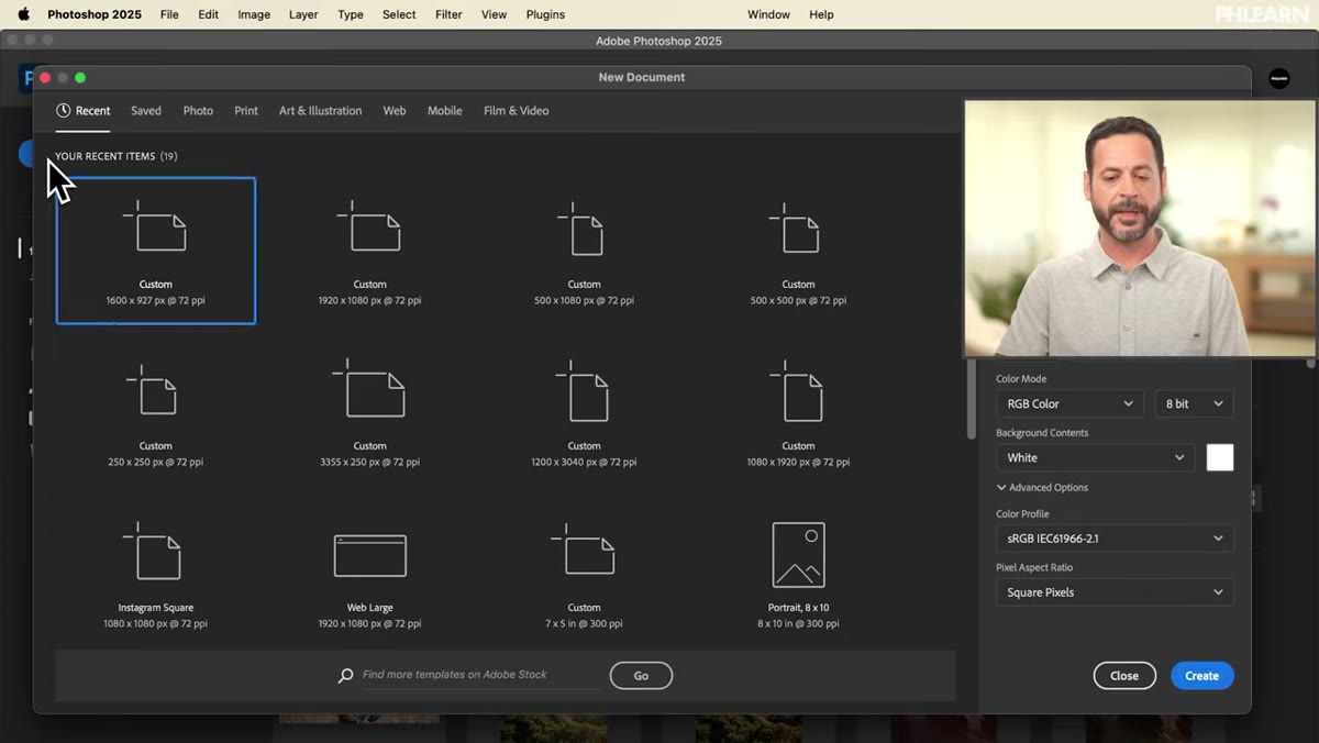 New Document dialog with width, height, resolution fields visible