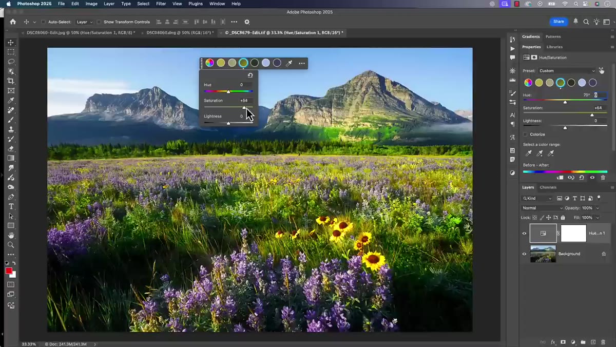 Over-saturated greens showing unnatural color shift in landscape photo