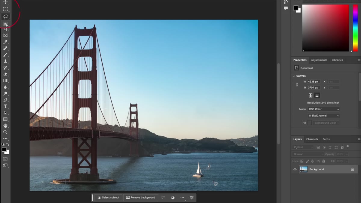 Lasso tool active, drawing selection on landscape photo
