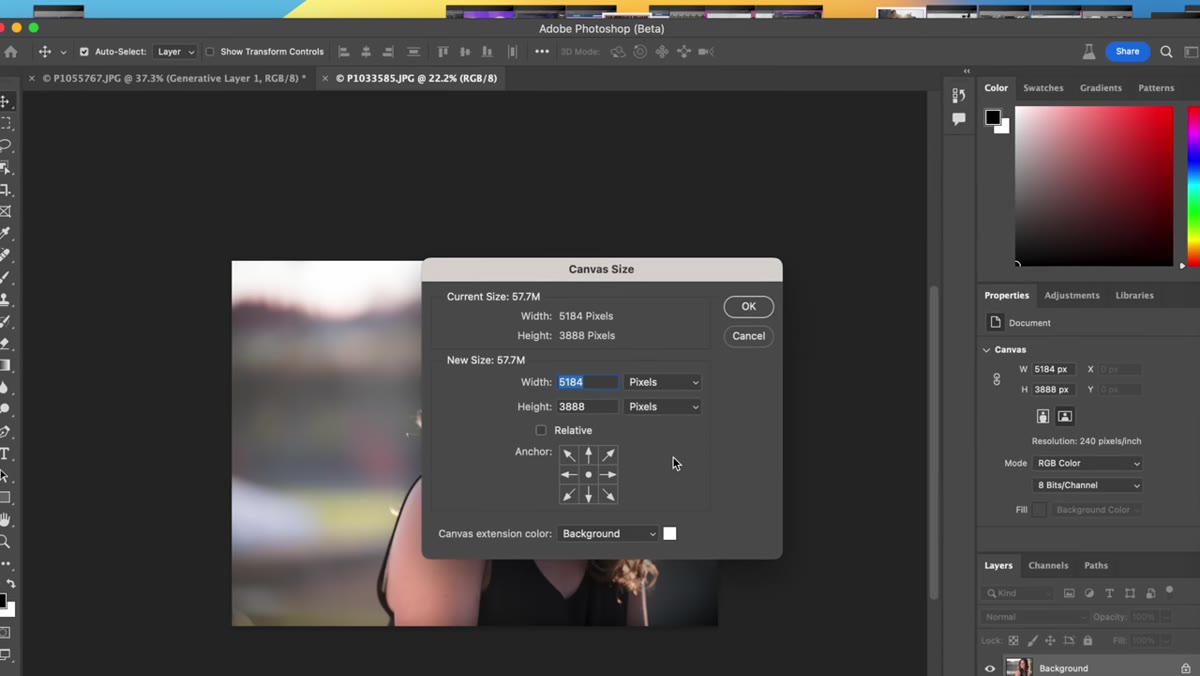 Expanded canvas with white area selected above portrait subject