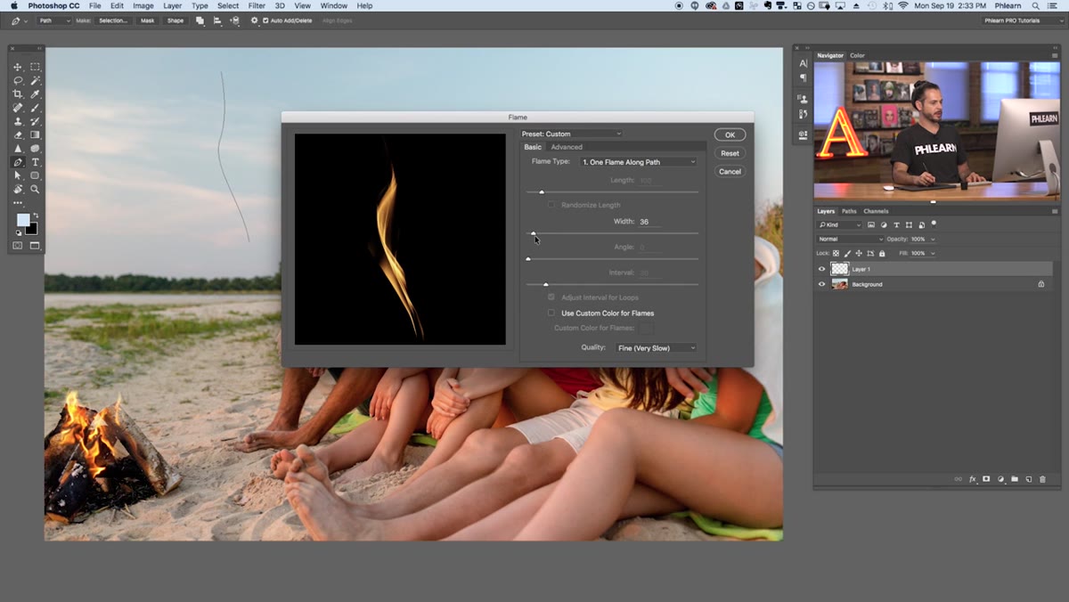 Width slider being adjusted, flame preview updating in dialog