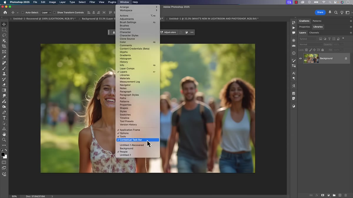 Window menu open with Contextual Taskbar option visible