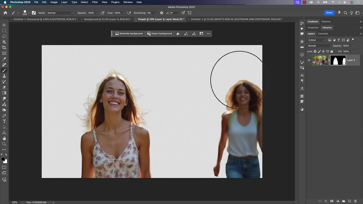 Brush tool painting on layer mask to remove unwanted subject from photo