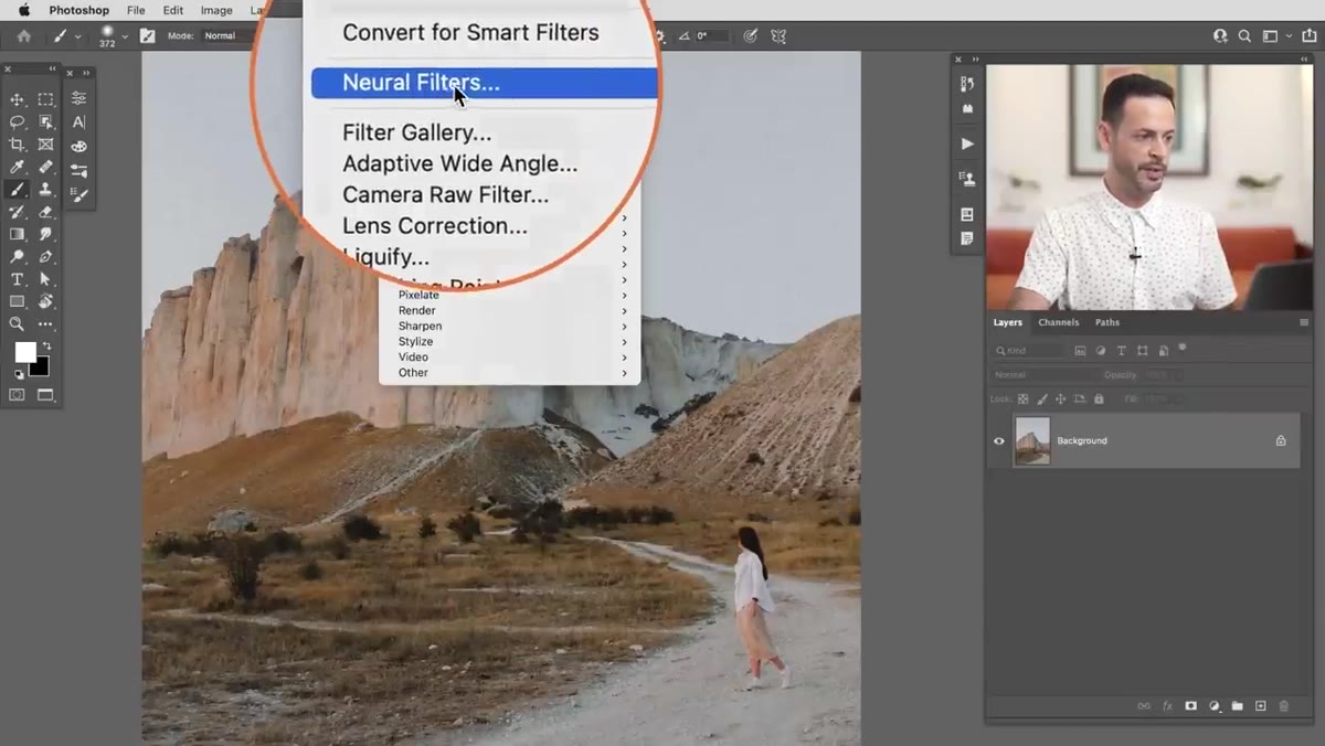Neural Filters panel opening from the Filter menu