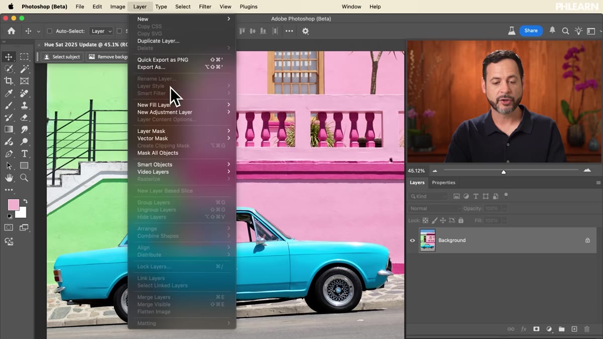 Adding a new Hue/Saturation adjustment layer via Layer menu