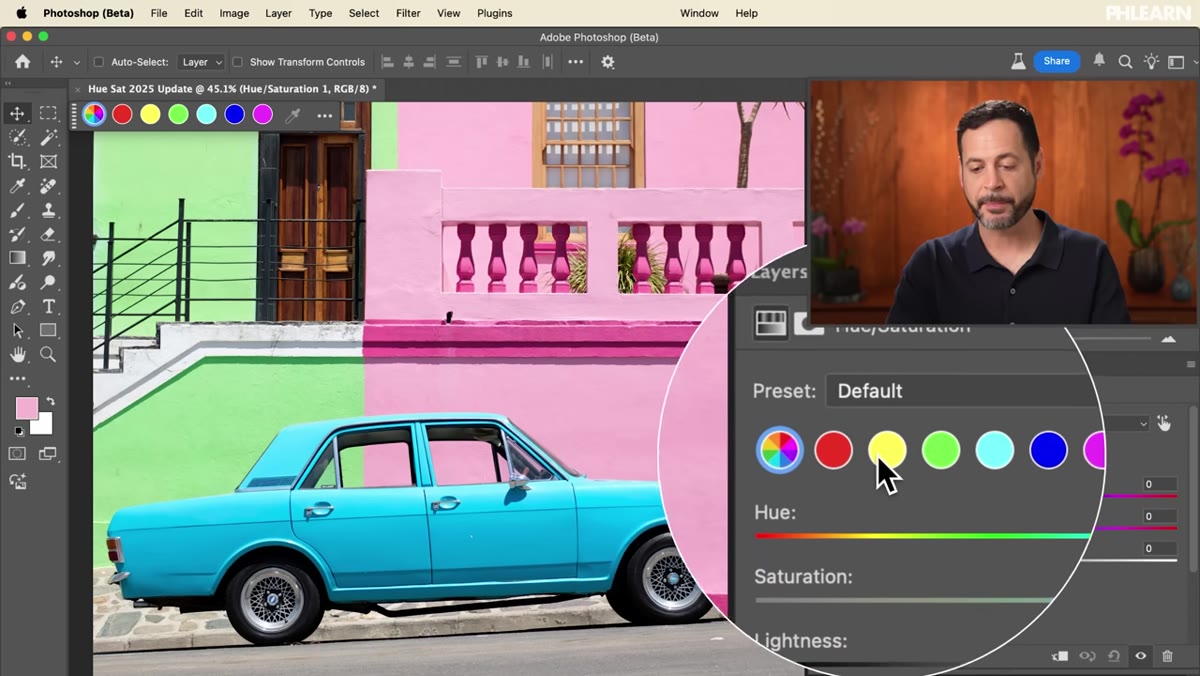 Hue slider being dragged with all image colors shifting simultaneously