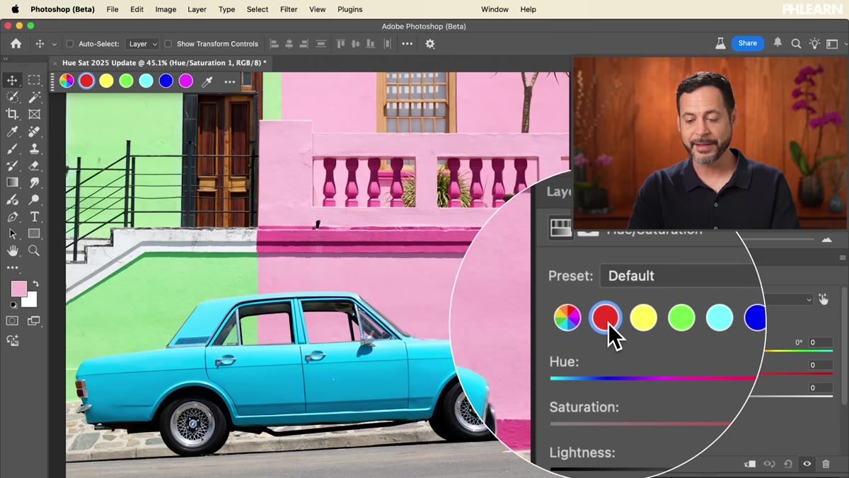Reds swatch selected, saturation slider being dragged to the right