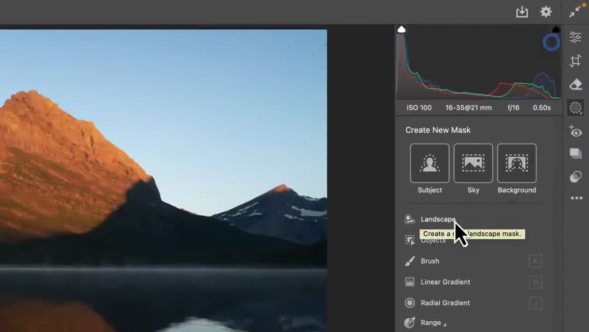 Masking panel open in Camera Raw showing Landscape option