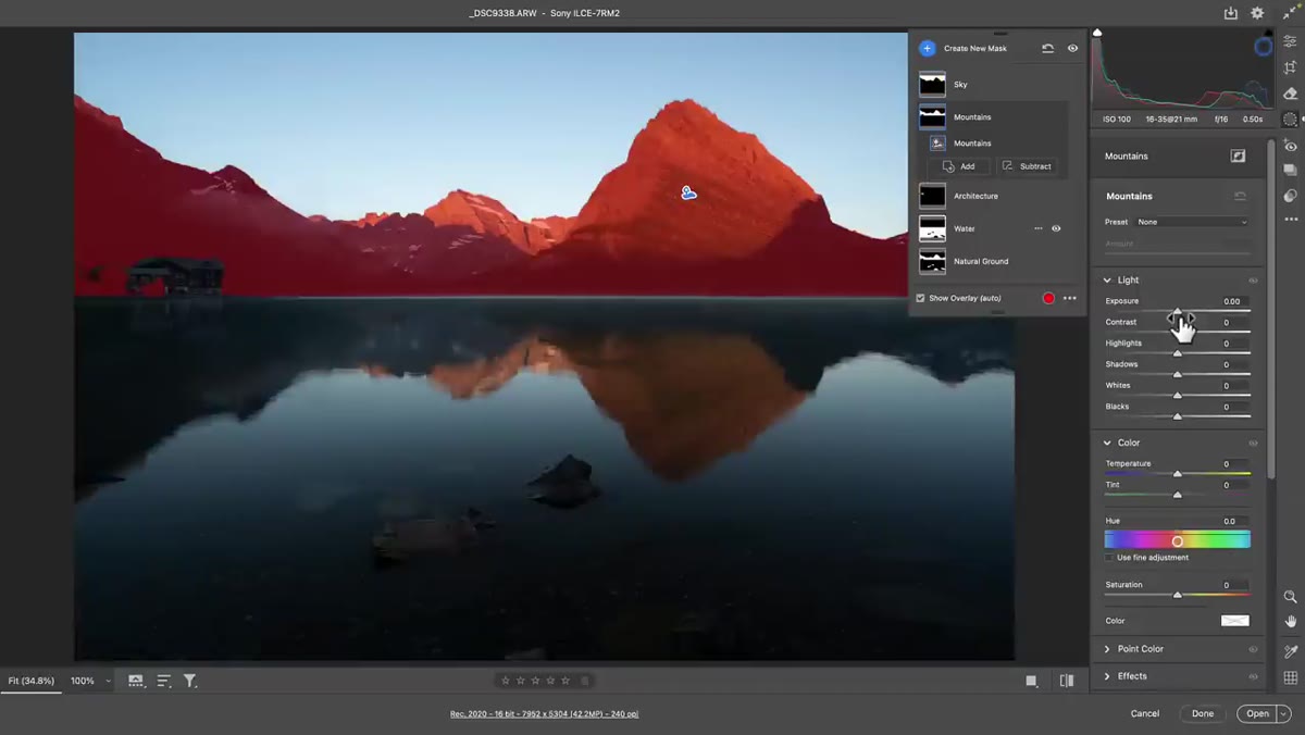 Editing adjustments applied to a selected landscape segment mask