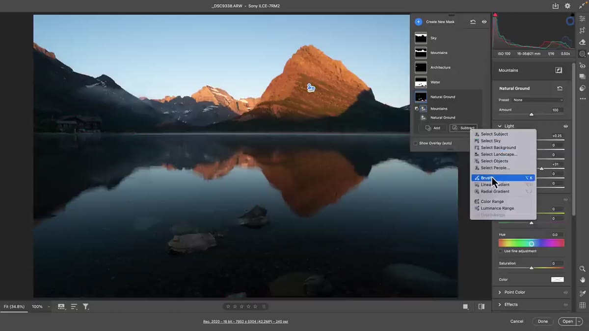 Brush tool being used to subtract from a landscape mask
