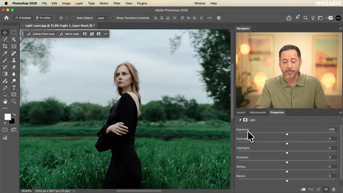 Light adjustment layer Properties panel showing all six sliders